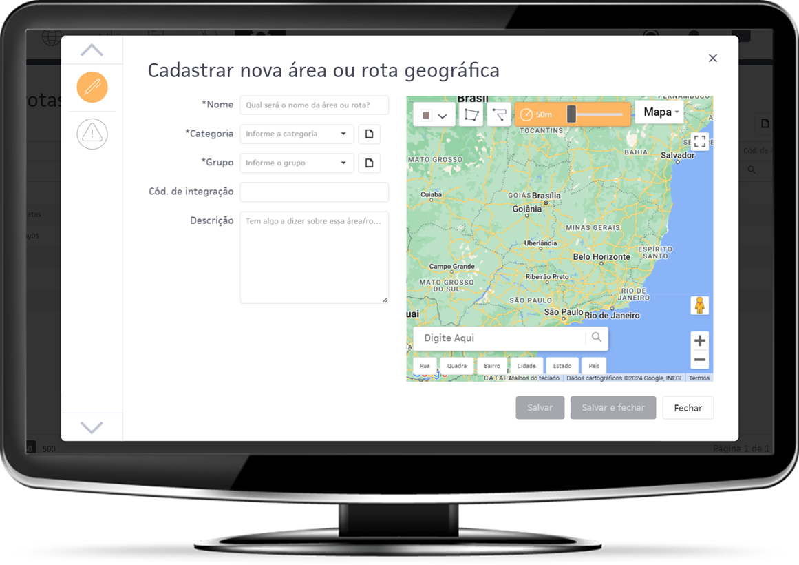 Tela original do sistema para cadastrar cercas geográficas e suas velocidades máximas